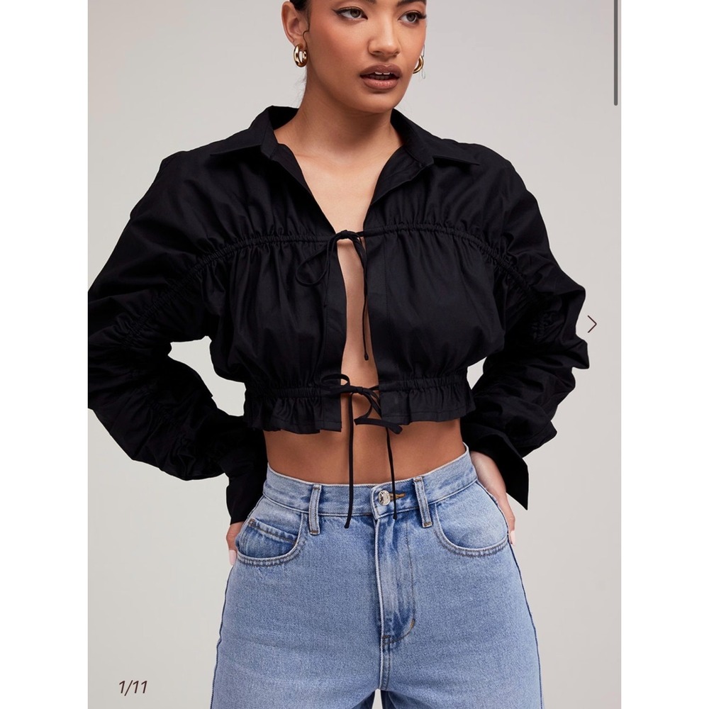Mistress Rocks Black Ruched Tie Front Crop Top Coquette Y2K Romantic Blouse